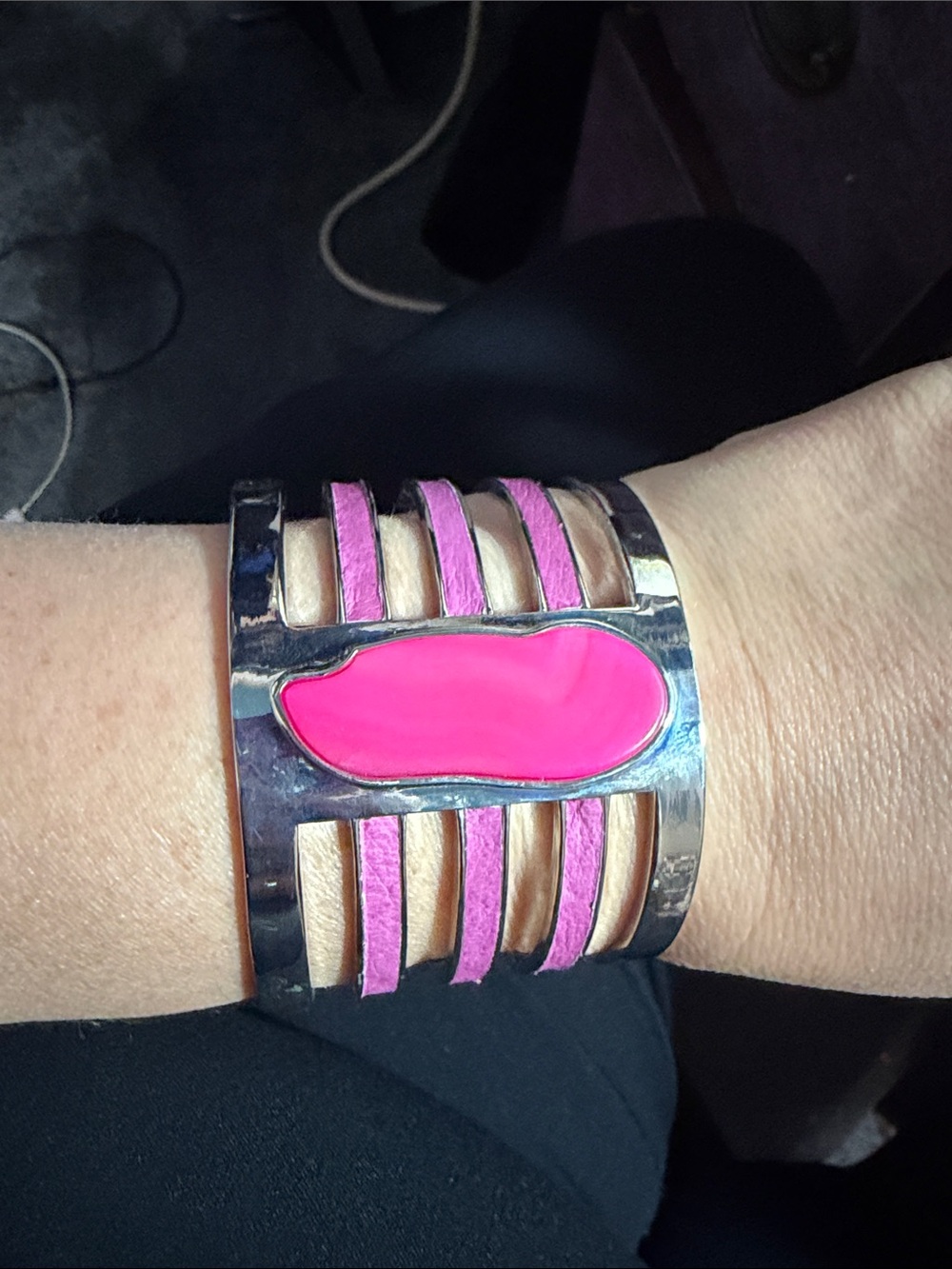 Pink Zebra Silver-Tone Cuff with Pink Strips